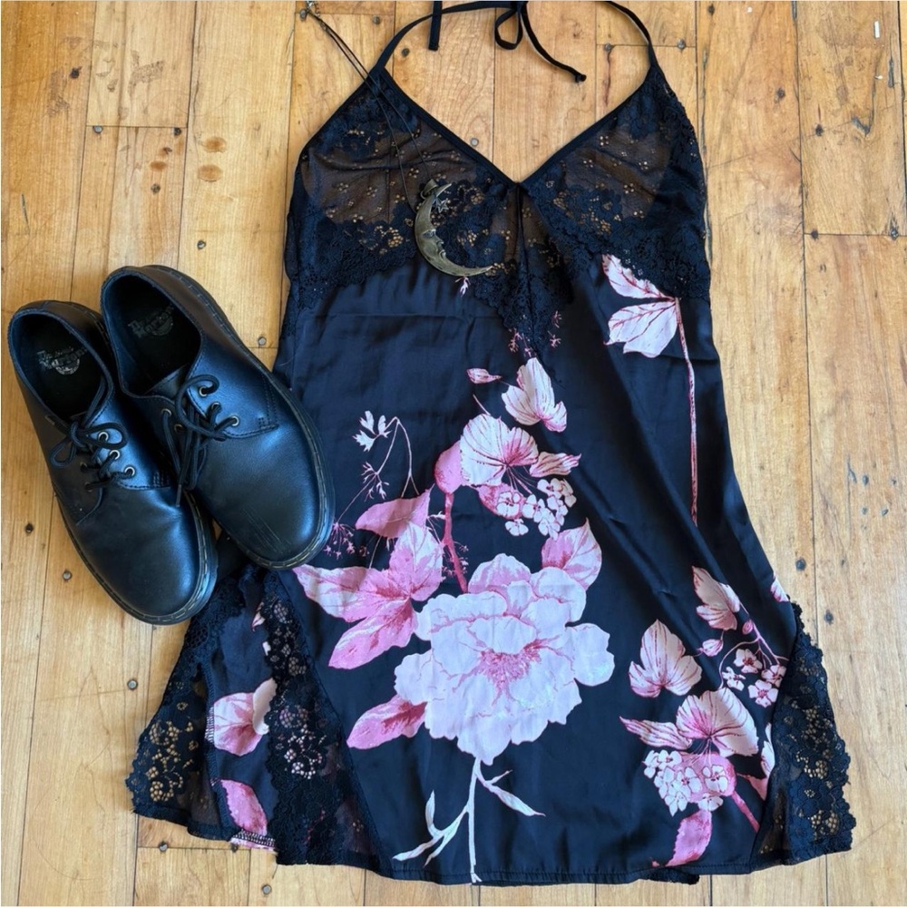 Floral Black and Pink Slip Dress with Black Shoes